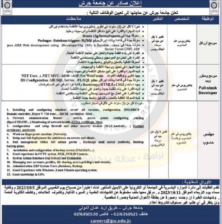 اعلان وظائف شاغرة صادر عن جامعة جرش