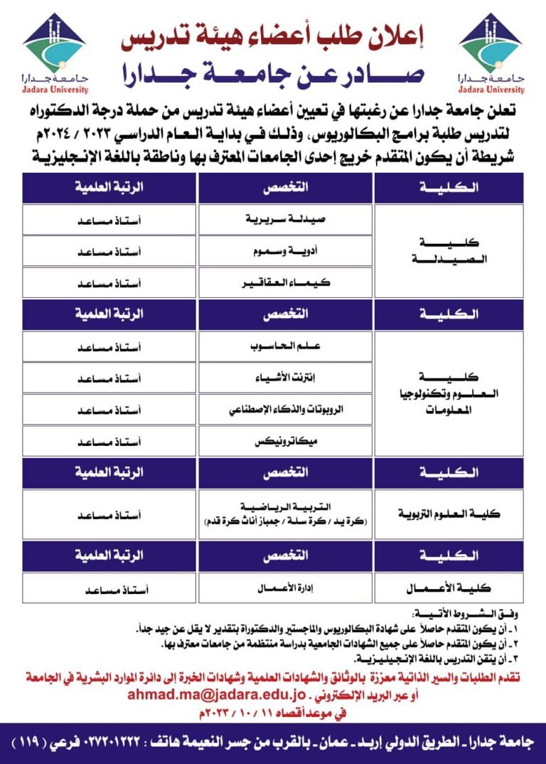 اعلان توظيف صادر عن جامعة جدارا