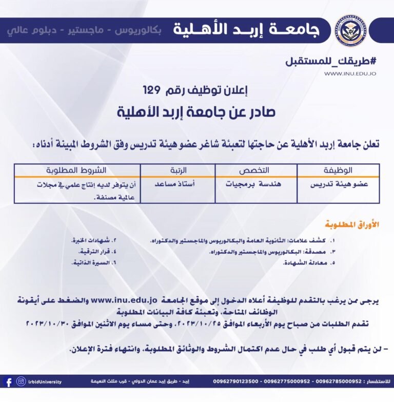 إعلان توظيف صادر عن جامعة إربد الأهلية