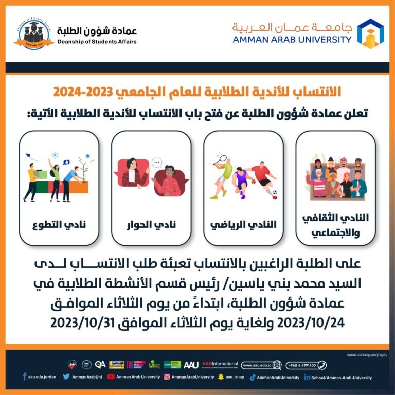 فتح باب الانتساب للأندية الطلابية في جامعة عمان العربية