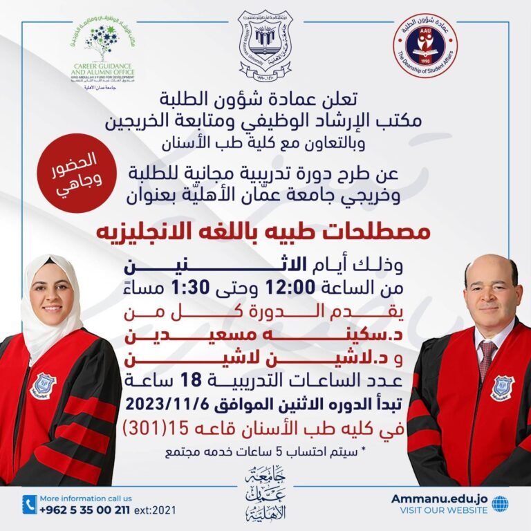 دورة تدريبية مجانية لطلبة وخريجي جامعة عمّان الأهليّة بعنوان “مصطلحات طبية باللغة الإنجليزية”