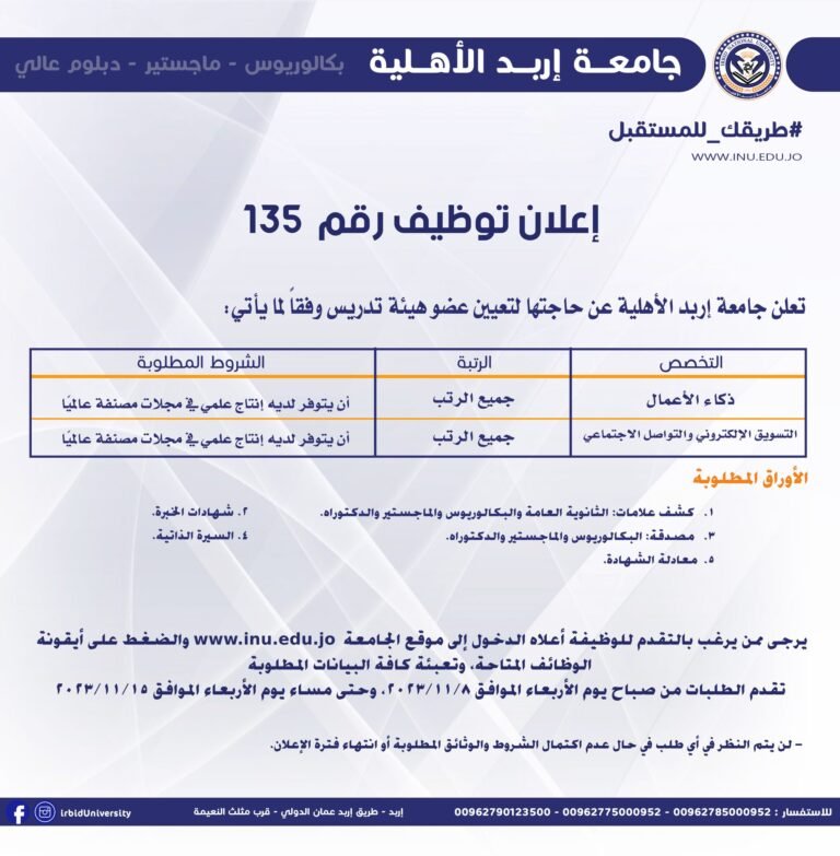 إعلان توظيف في جامعة إربد الأهلية