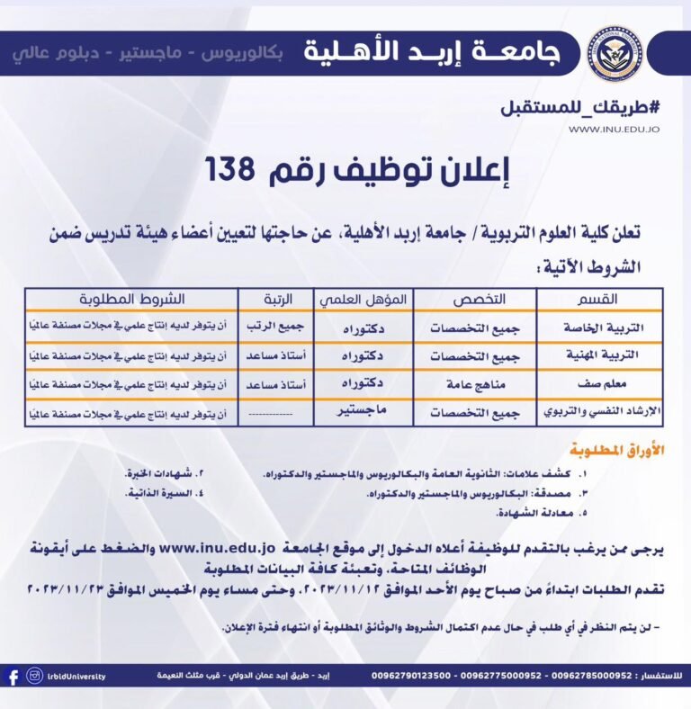 إعلان توظيف صادر عن جامعة إربد الأهلية