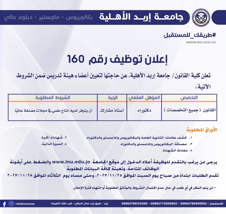 إعلان توظيف في جامعة إربد الأهلية
