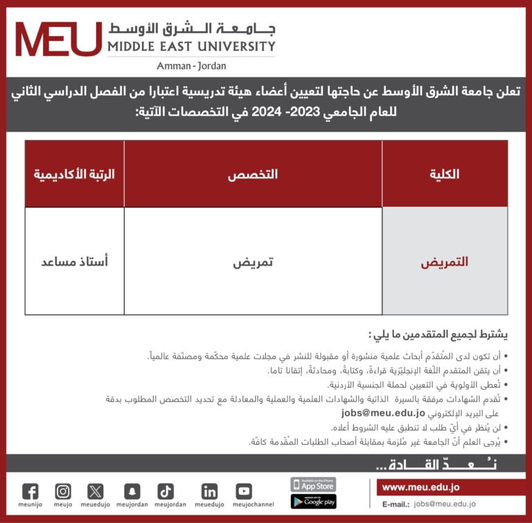 شاغر أكاديمي في جامعة الشرق الأوسط وفقًا للمتطلبات والشروط المذكورة
