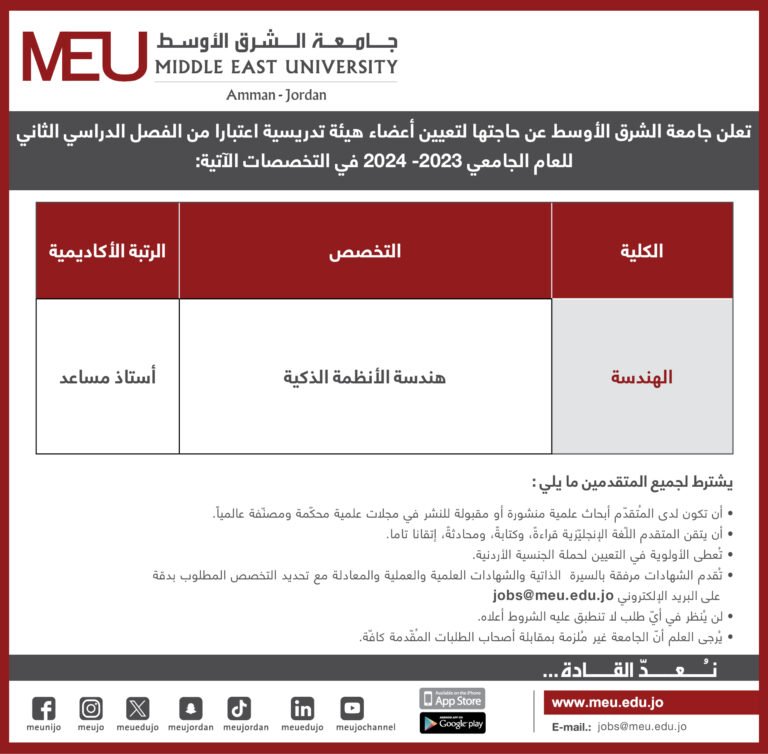 شاغر أكاديمي في جامعة الشرق الأوسط وفقًا للمتطلبات والشروط المذكورة.