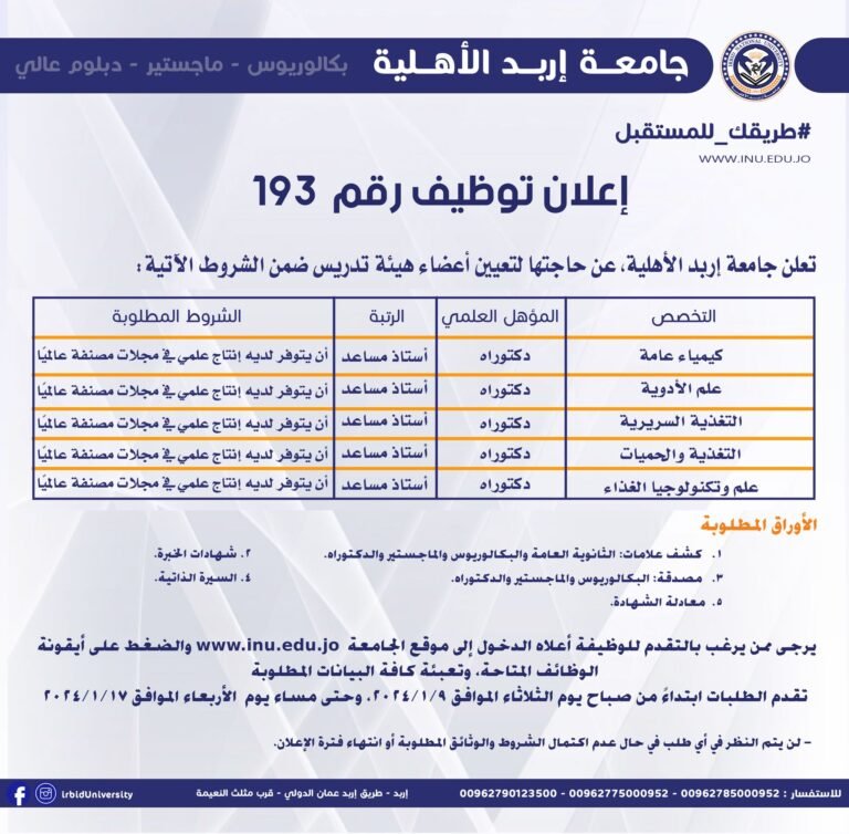 إعلان توظيف صادر عن جامعة إربد الأهلية