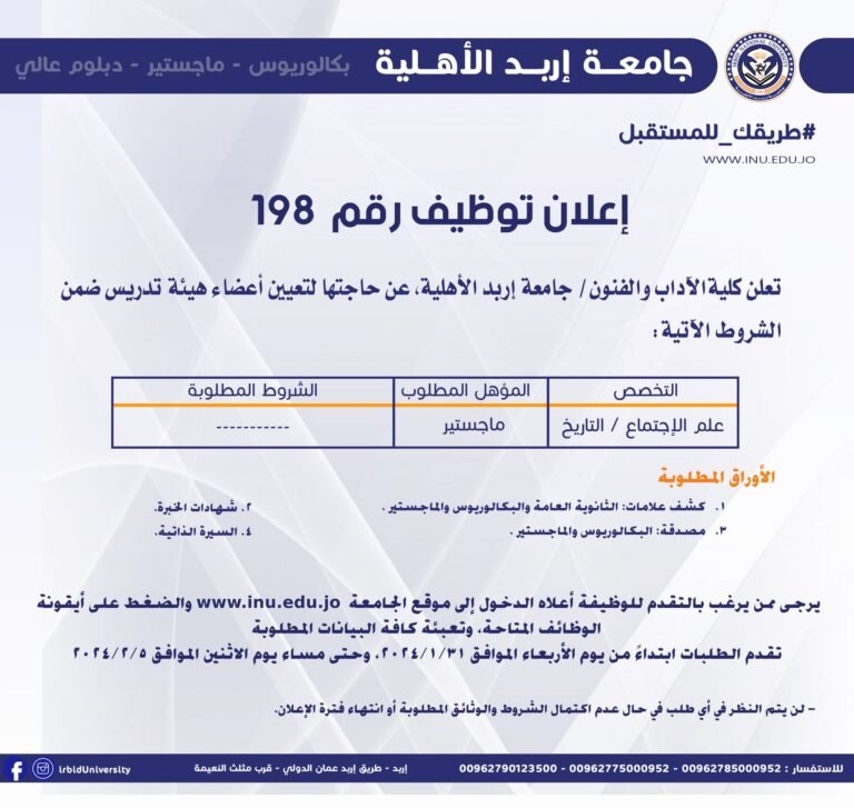 إعلان توظيف في جامعة إربد الأهلية