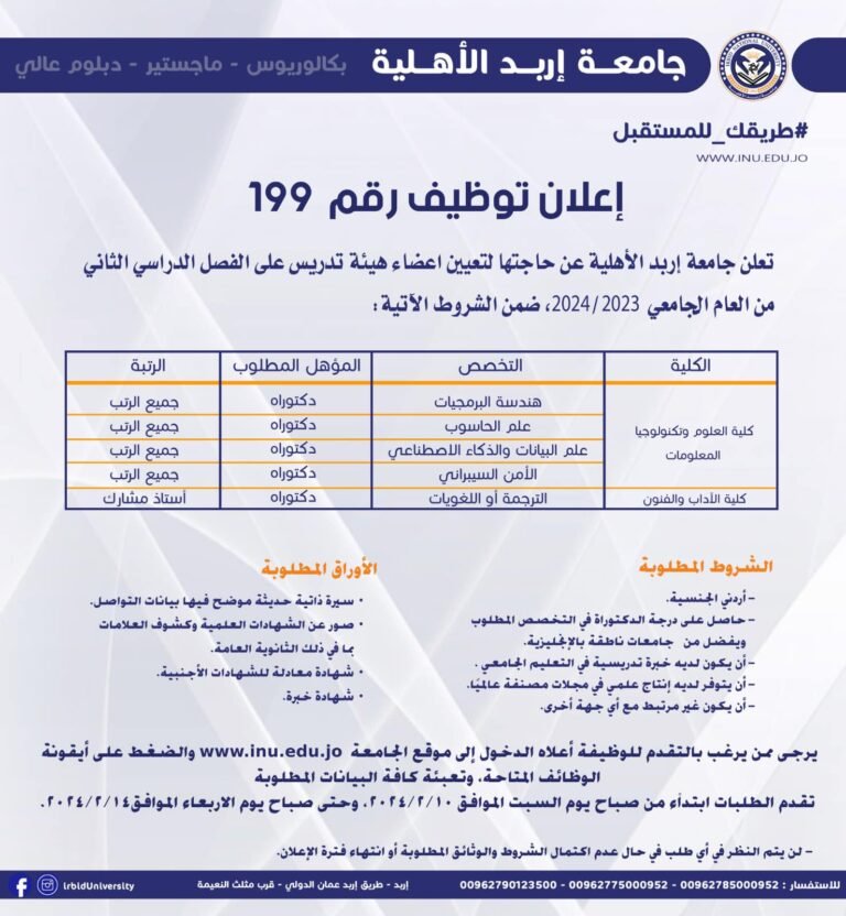 إعلان توظيف صادر عن جامعة إربد الأهلية