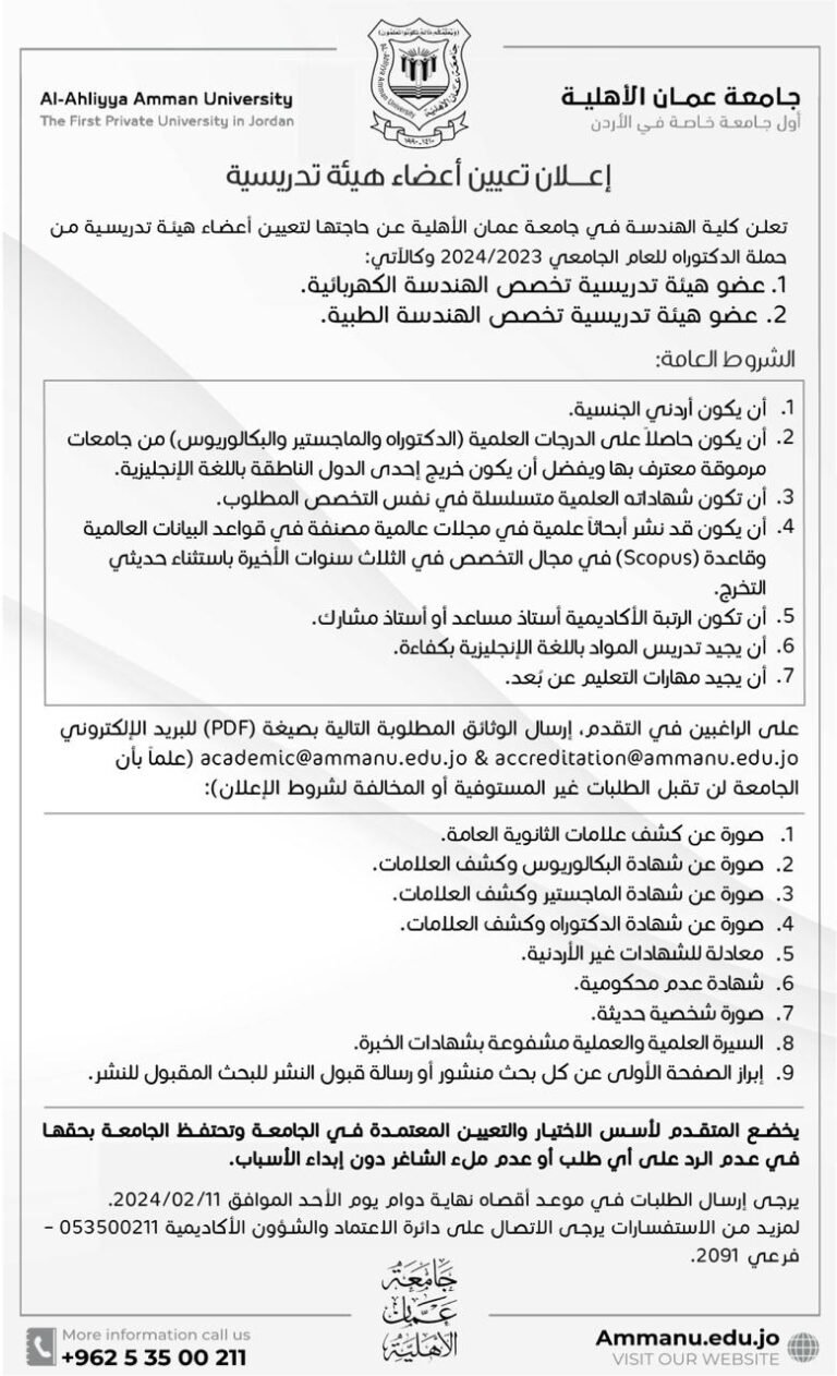 إعلان توظيف في جامعة عمان الأهلية