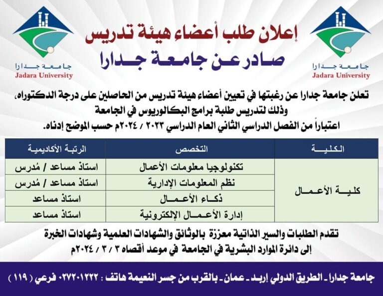 إعلان توظيف في جامعة جدارا