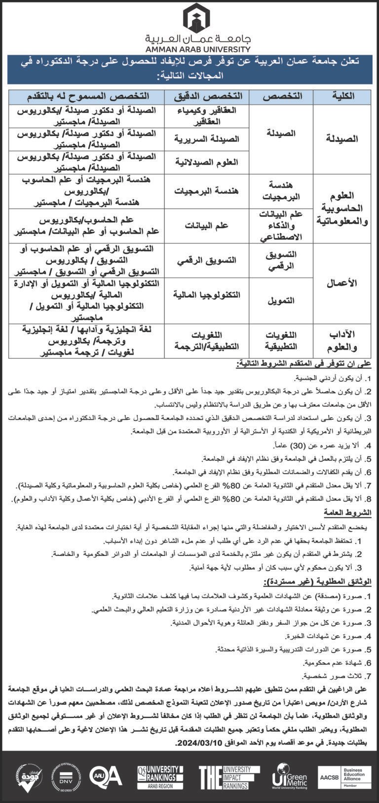 إعلان إيفاد في جامعة عمان العربية