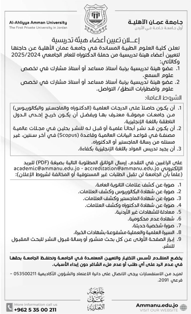 إعلان توظيف في جامعة عمان الأهلية