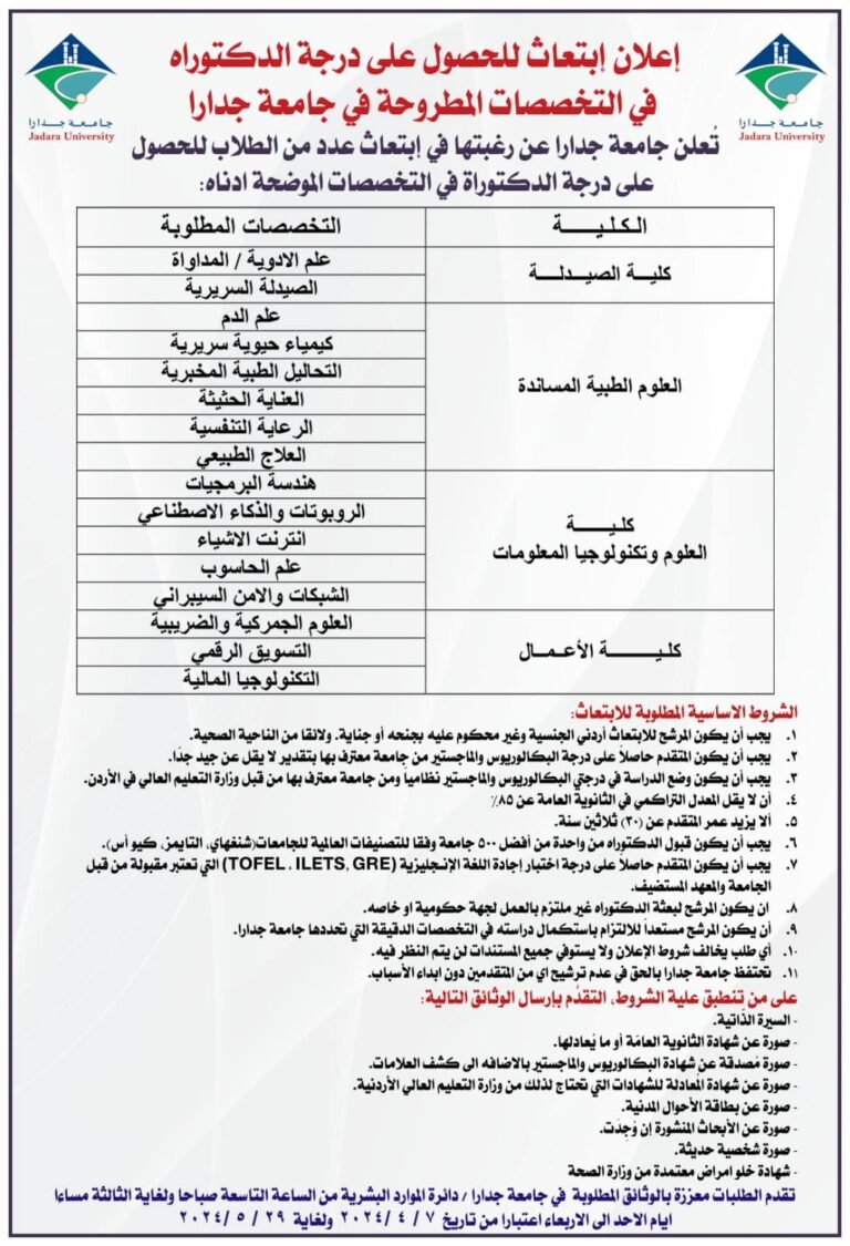 إعلان ابتعاث في جامعة جدارا