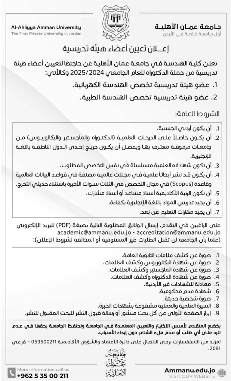 إعلان توظيف في جامعة عمان الأهلية