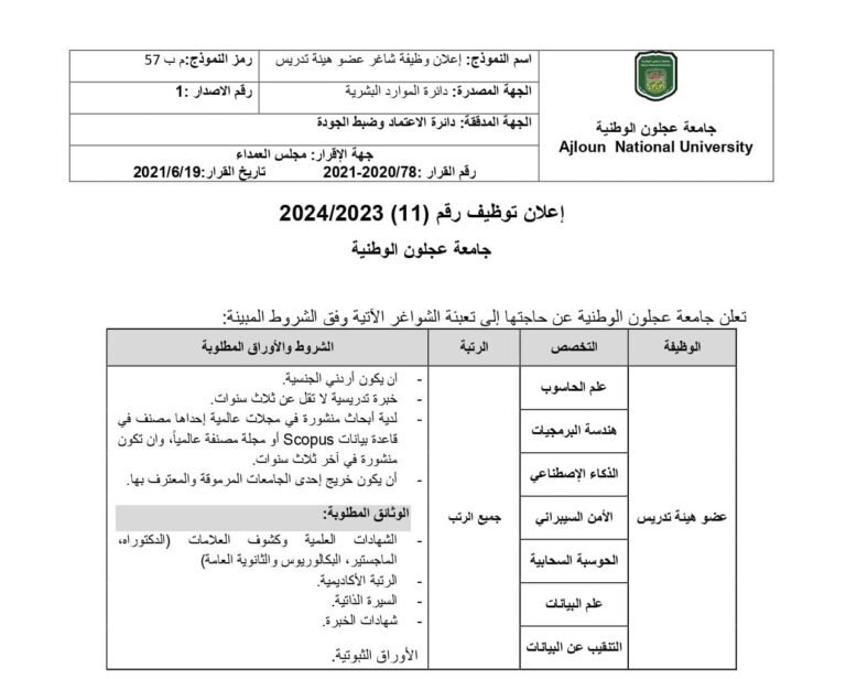 إعلان توظيف في جامعة عجلون