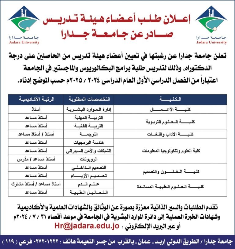 إعلان توظيف في جامعة جدارا