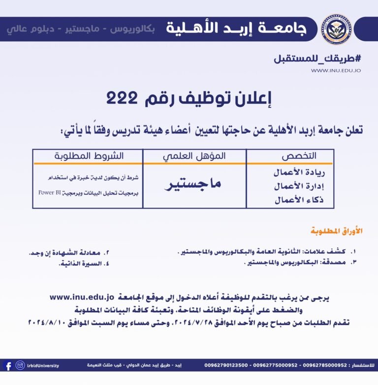 إعلان توظيف في جامعة إربد الأهلية