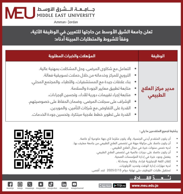 إعلان توظيف في جامعة الشرق الأوسط