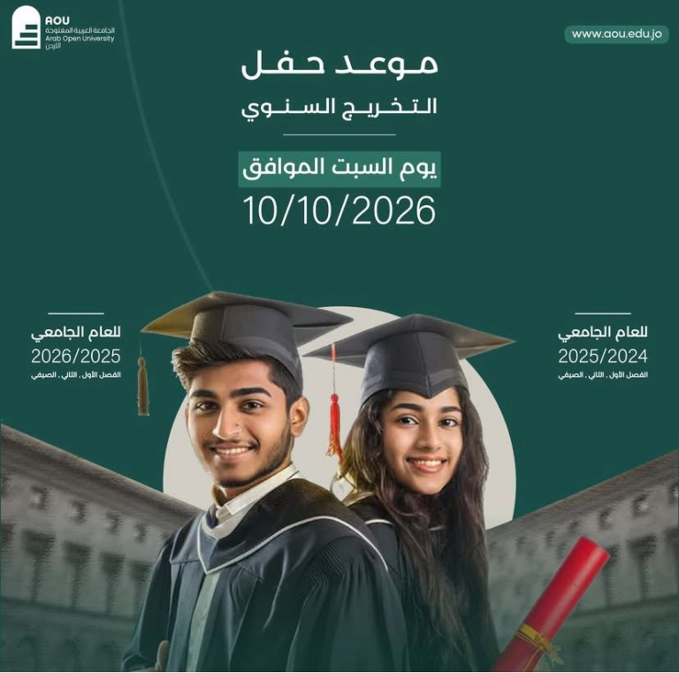 الجامعة العربية المفتوحة تعلن موعد حفل تخريج الفوجين العشرين والحادي والعشرين من طلبتها