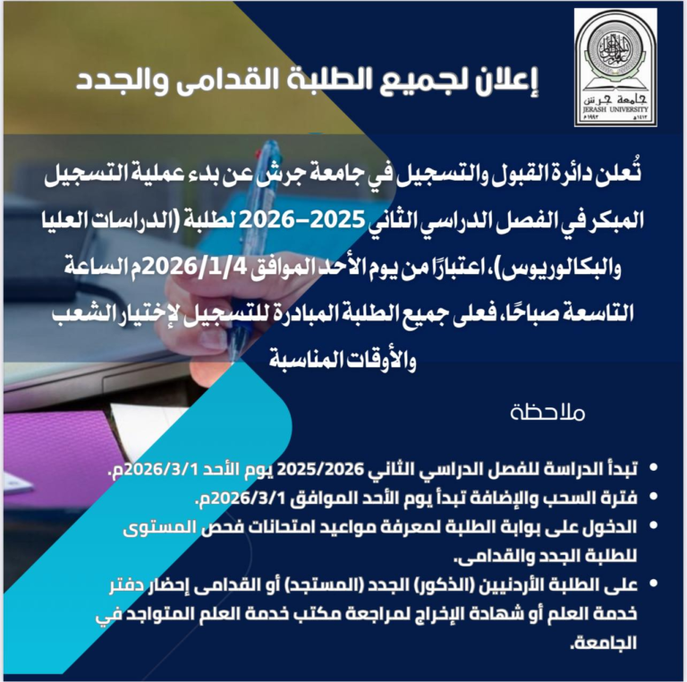 جامعة جرش تعلن بدء التسجيل في الفصل الدراسي الثاني 2025-2026