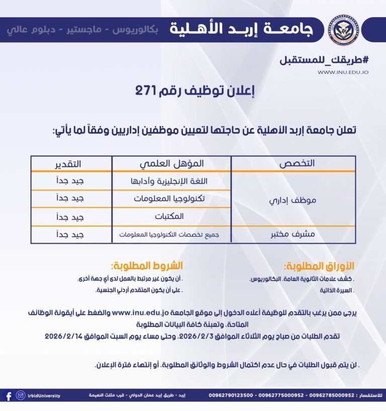 إعلان توظيف في جامعة إربد الأهلية